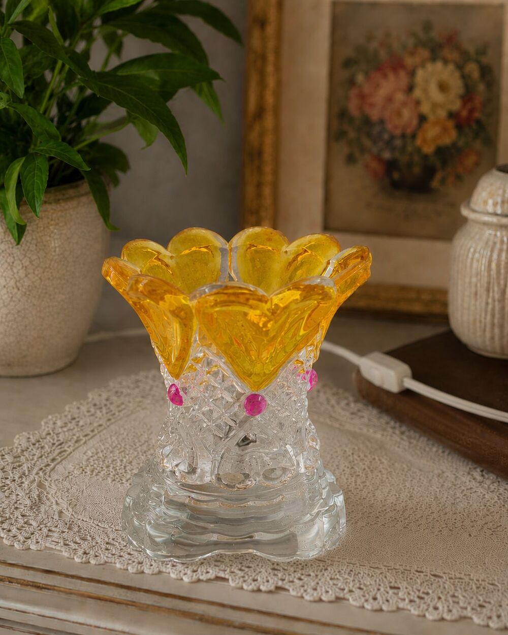 Vintage Amber Glass Flower Accent Lamp Crystal Look Night Light Dimmer 110V